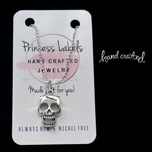 Hand Crafted Skull Necklace on Bead Ball Chain Punk Goth Silver Plate Chain